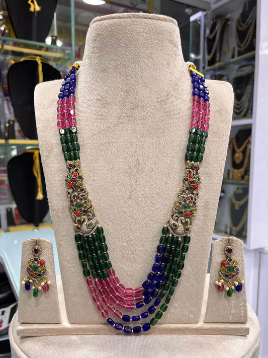 Victorian Polish AD Stones Side Pendent with Beads Haram - Nakshatra Jewels