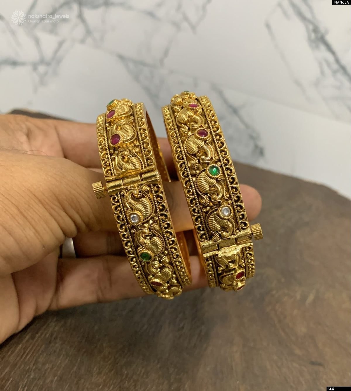 Nakshi Work with Kempu Stones Bangles (Openable)