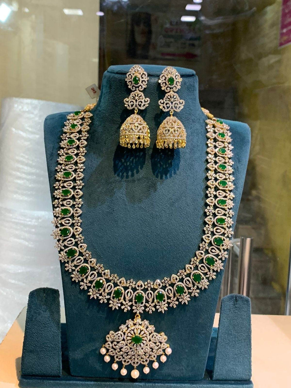 American Diamond Stones Bridal Haram- Green - Nakshatra Jewels