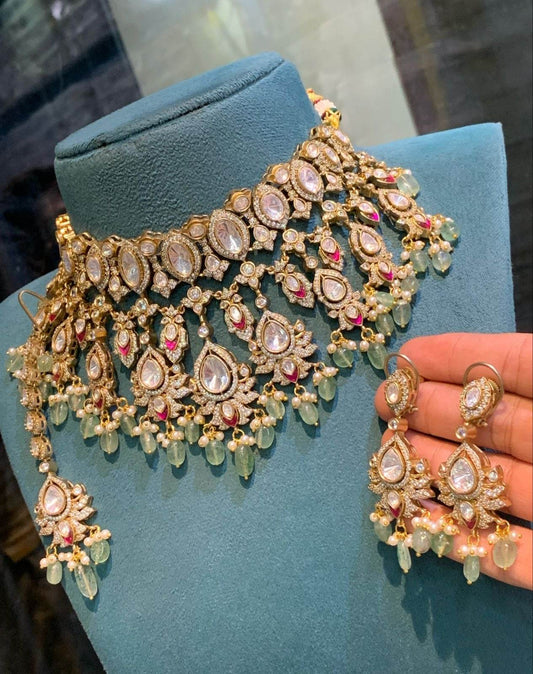 Victorian Polish with Moissanite Stones Bridal Choker - Nakshatra Jewels