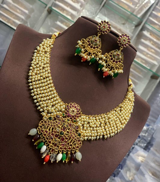 Kempu Stones Pendent with Pearls Bridal Necklace