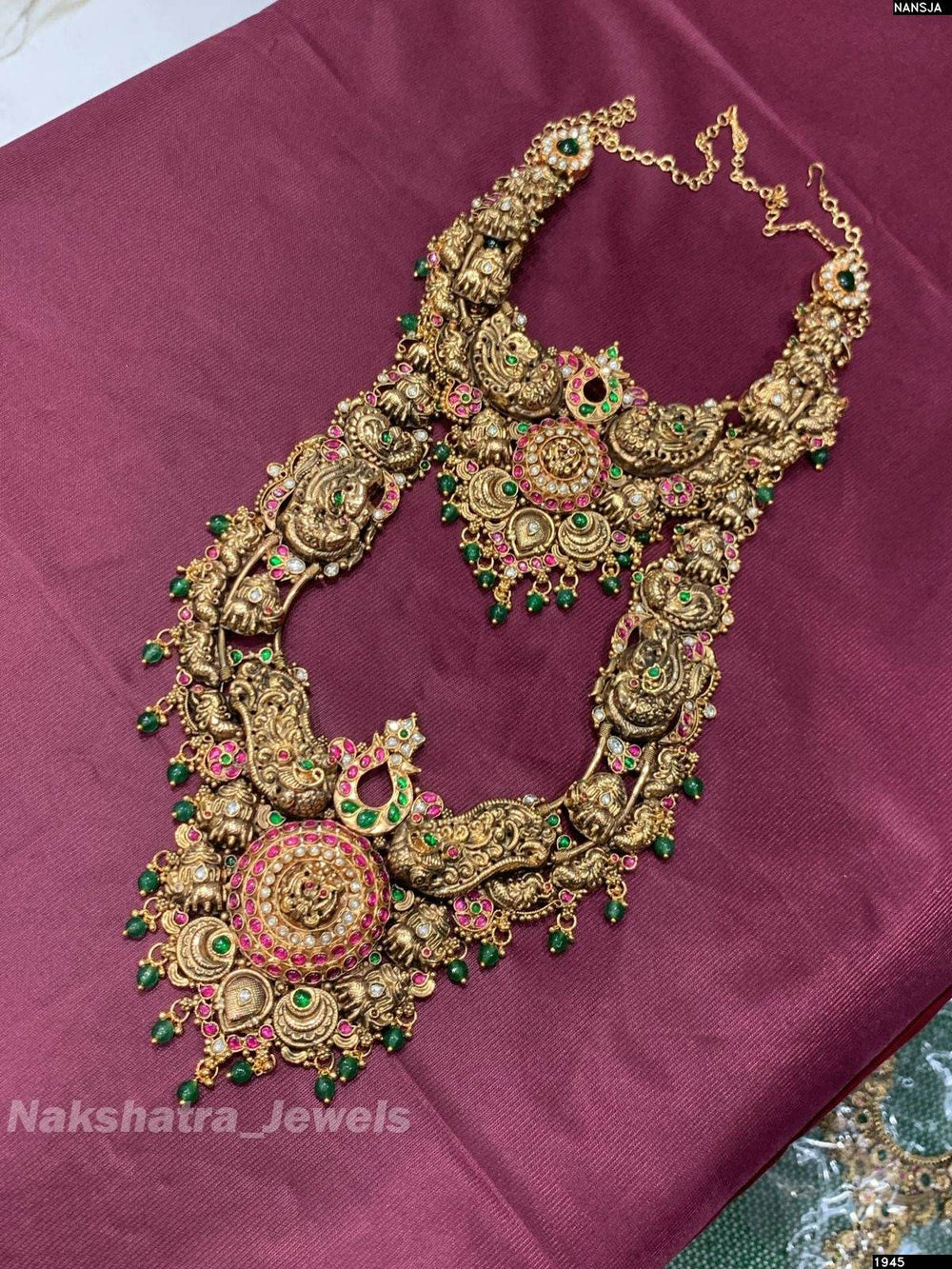 Antique Polish Nakshi Work with Jadau Kundan Stones Bridal Combo Set (Hand made) - Nakshatra Jewels