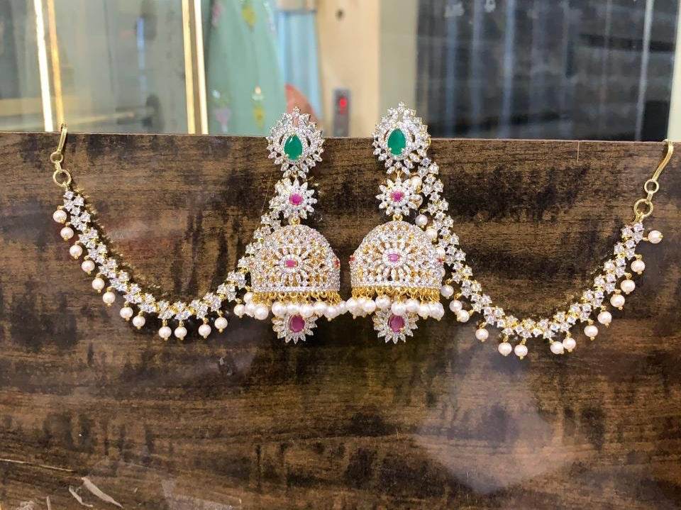 AD Stones Bridal Earrings with Ear chains