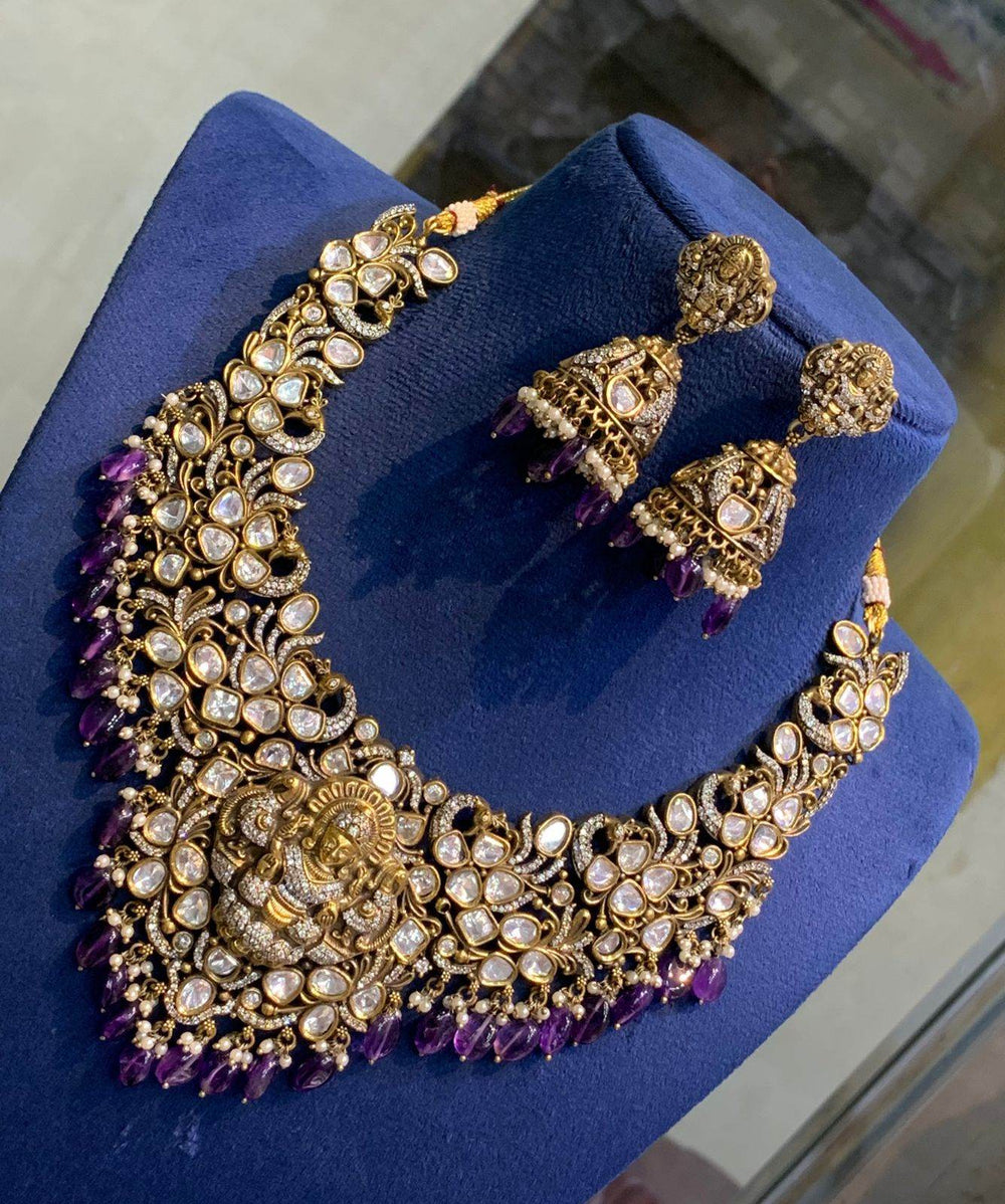 Victorian Polish with AD & Moissanite Stones Bridal Necklace - Nakshatra Jewels