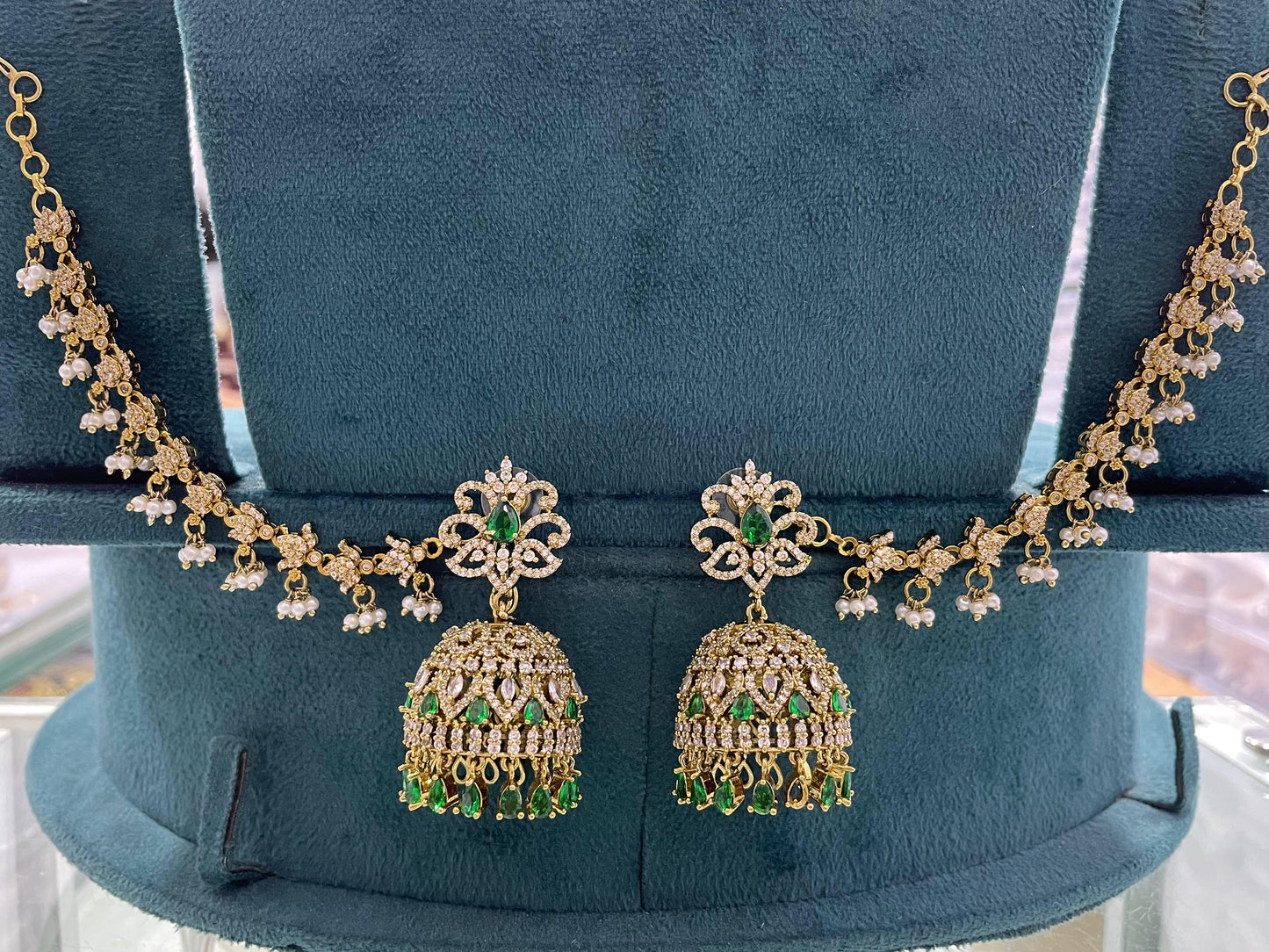 Victorian Polish AD Stones Earrings with Ear Chains