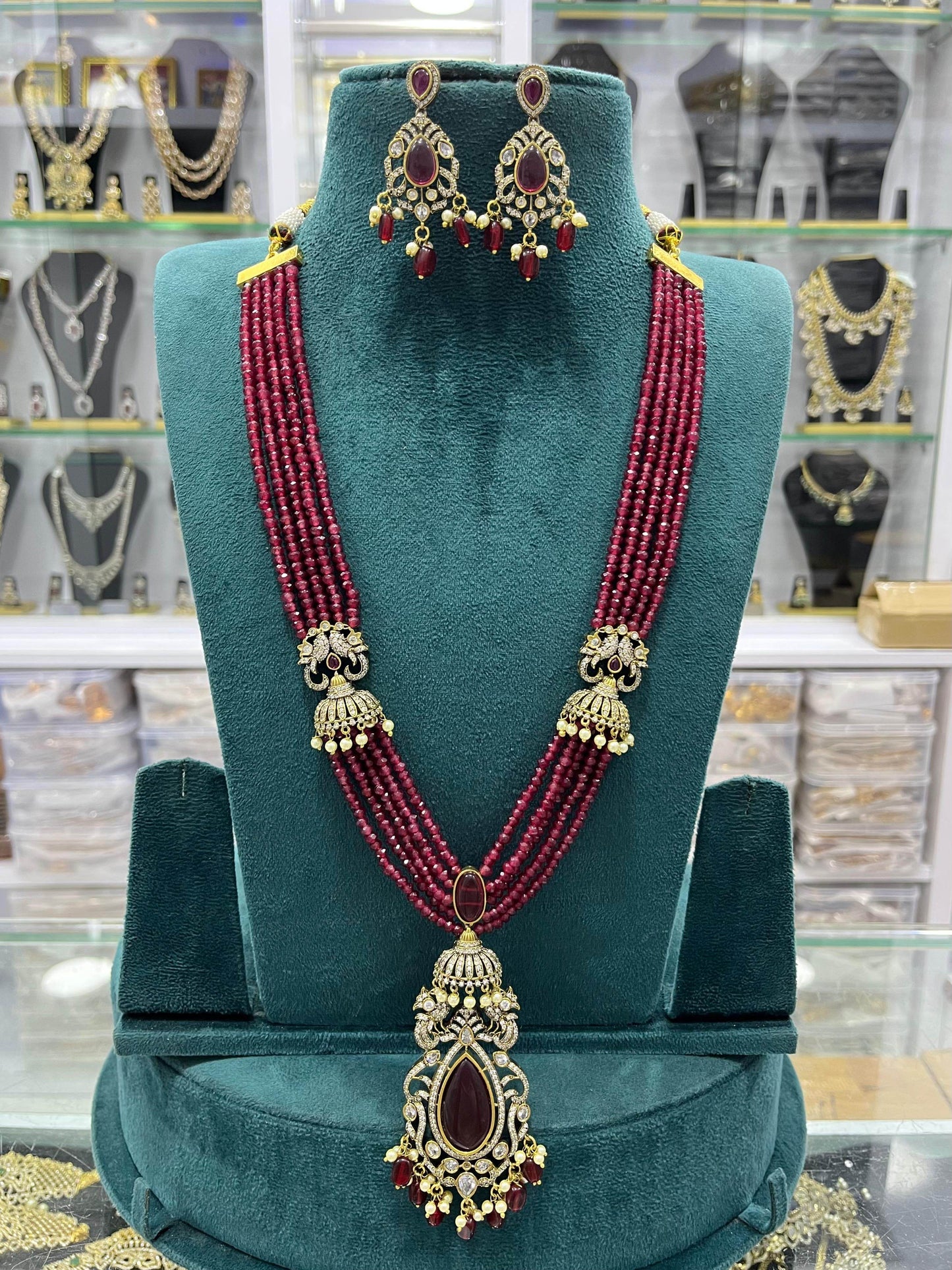 Victorian Polish AD Stones Pendent with Beads Haram - Nakshatra Jewels
