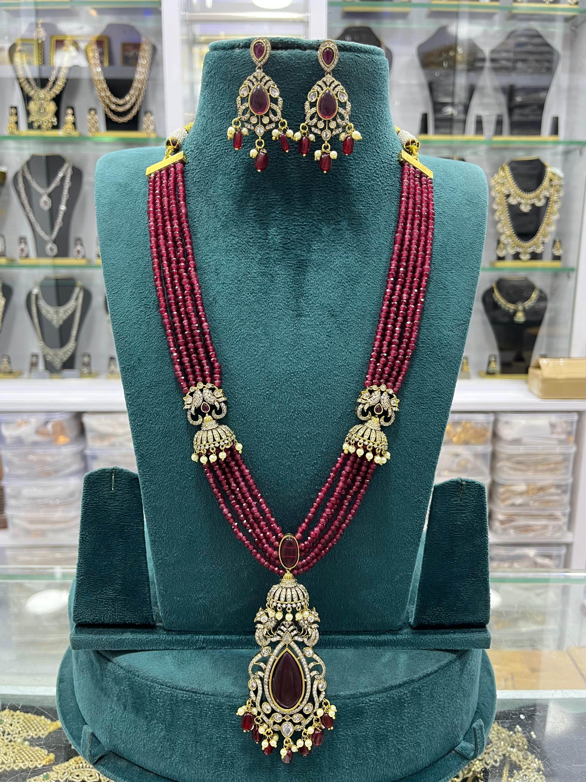 Victorian Polish AD Stones Pendent with Beads Haram - Nakshatra Jewels