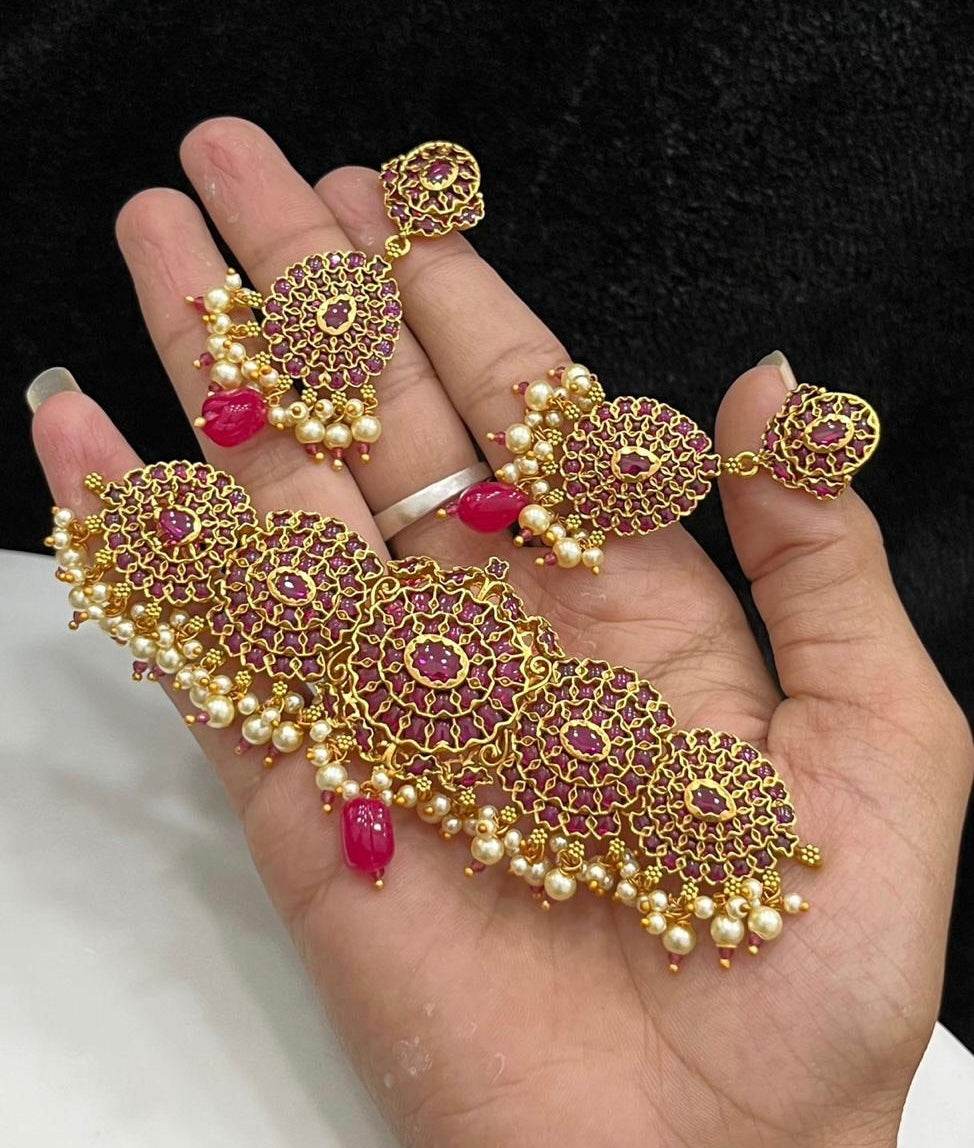 Nagasi work with Kempu Stones Bridal Choker