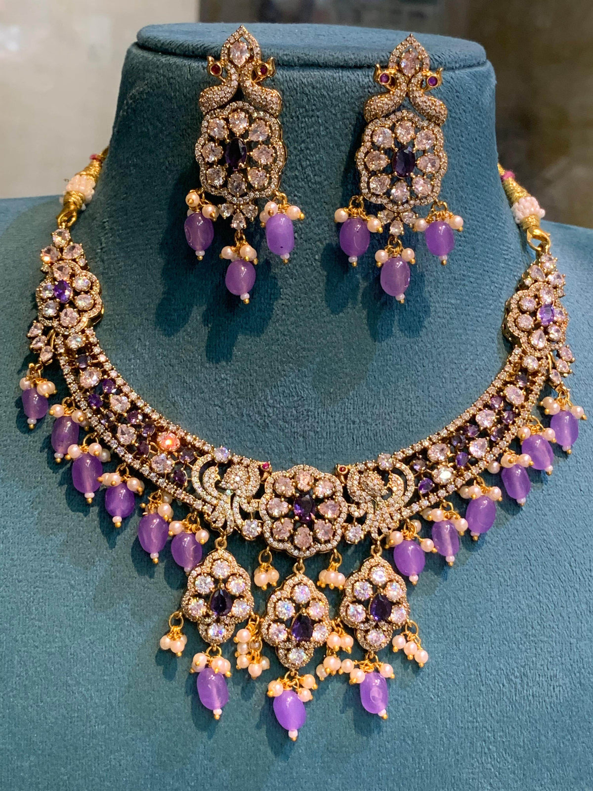 Victorian Polish with AD & Mossanite Stones Necklace