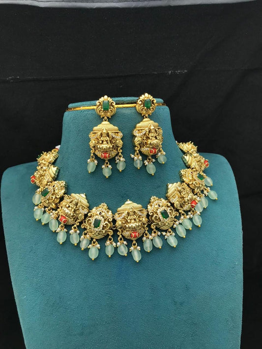 Nakshi Work with AD & Coral Beads Necklace