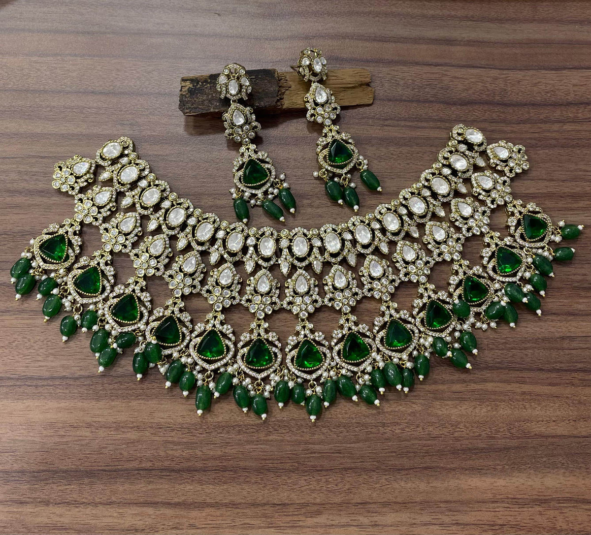 Victorian Polish AD & Moissanite Stones Bridal Neck Set