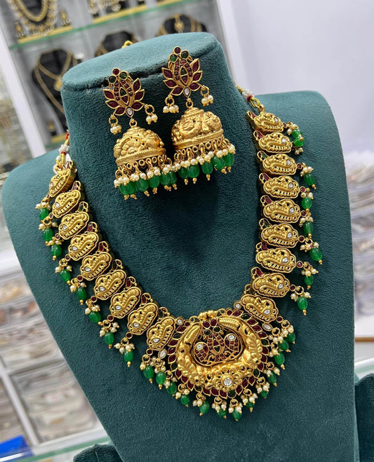 Nakshi Work with Kempu Stones Bridal Necklace - Nakshatra Jewels