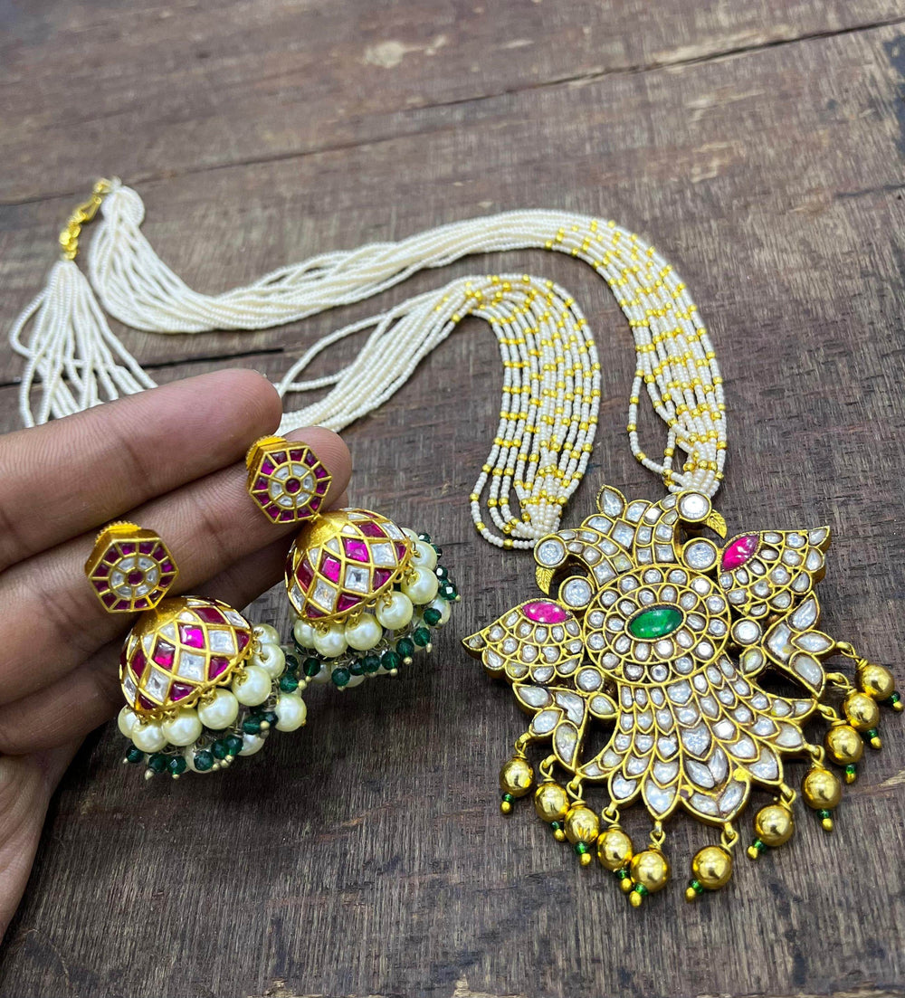Jadau Kundan Stones Bridal Pendent with Pearl Haram - Nakshatra Jewels