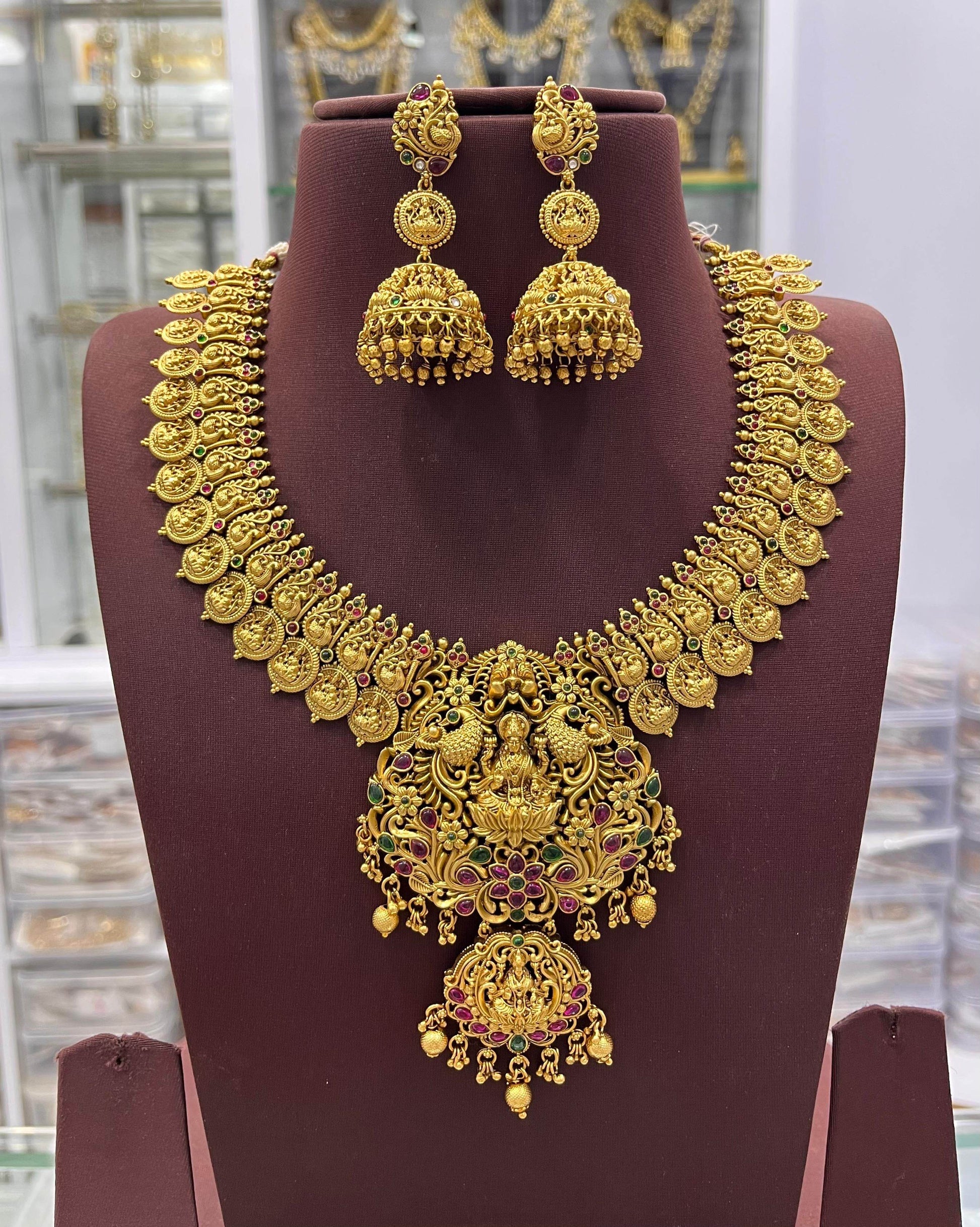 Nakshi Work with Kempu Stones Bridal Necklace - Nakshatra Jewels