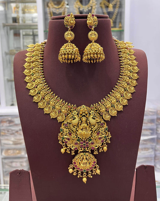 Nakshi Work with Kempu Stones Bridal Necklace - Nakshatra Jewels