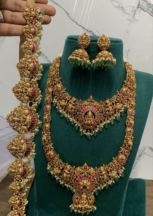 Nakshi Work with Jaadu Kundan Stones Grand Bridal Combo Set - Nakshatra Jewels