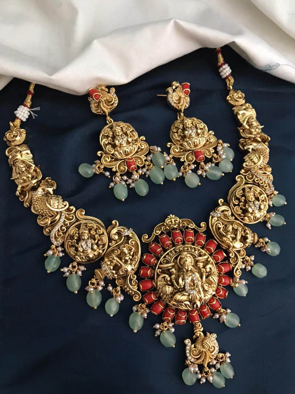 Nakshi Work with AD & Coral beads Bridal Necklace - Nakshatra Jewels