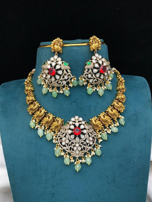 Mossianite Stones Pendent with Nakshi Work Necklace