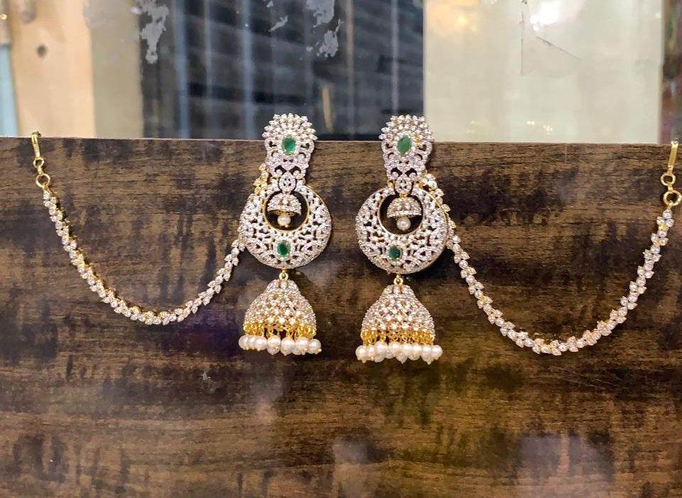 AD Stones Bridal Earrings with Ear chains - Nakshatra Jewels