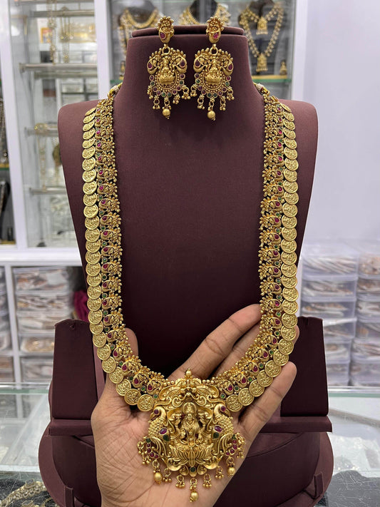 Nakshi Work with Kempu Stones Bridal Haram - Nakshatra Jewels
