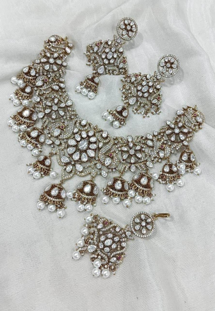 Victorian Polish with Moissanite Stones Bridal Necklace - Nakshatra Jewels