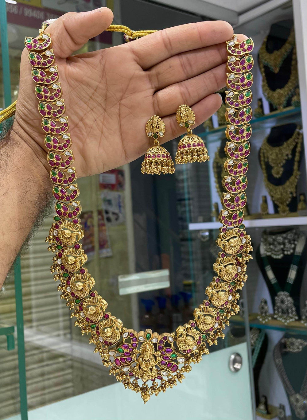 Nagasi Work with Kempu Stones Bridal Haram - Nakshatra Jewels