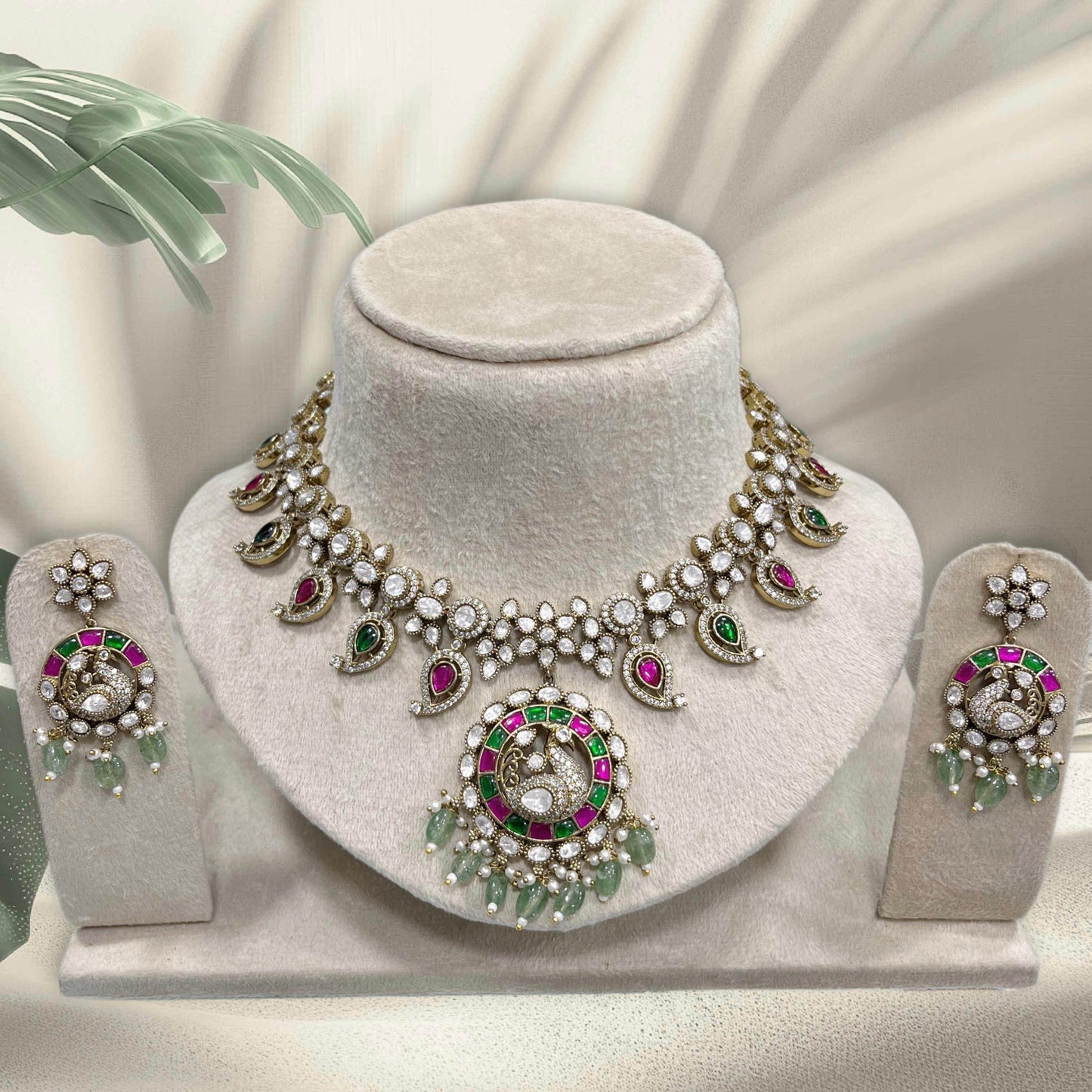 Victorian Polish with Moissanite & Kundan Stones Bridal Necklace - Nakshatra Jewels