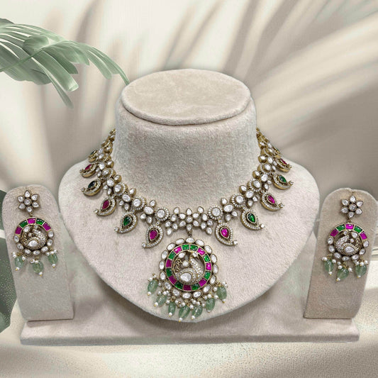 Victorian Polish with Moissanite & Kundan Stones Bridal Necklace - Nakshatra Jewels