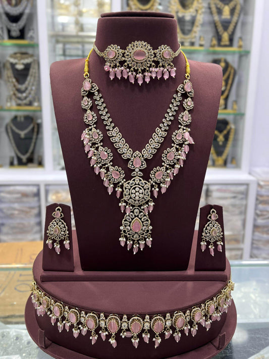 Victorian Polish with Moissanite Stones Bridal Combo set - Nakshatra Jewels