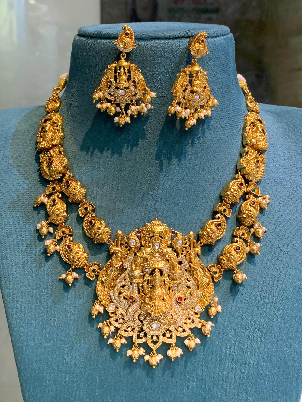Nagasi Work with Kempu & AD Stones Bridal Necklace - Nakshatra Jewels