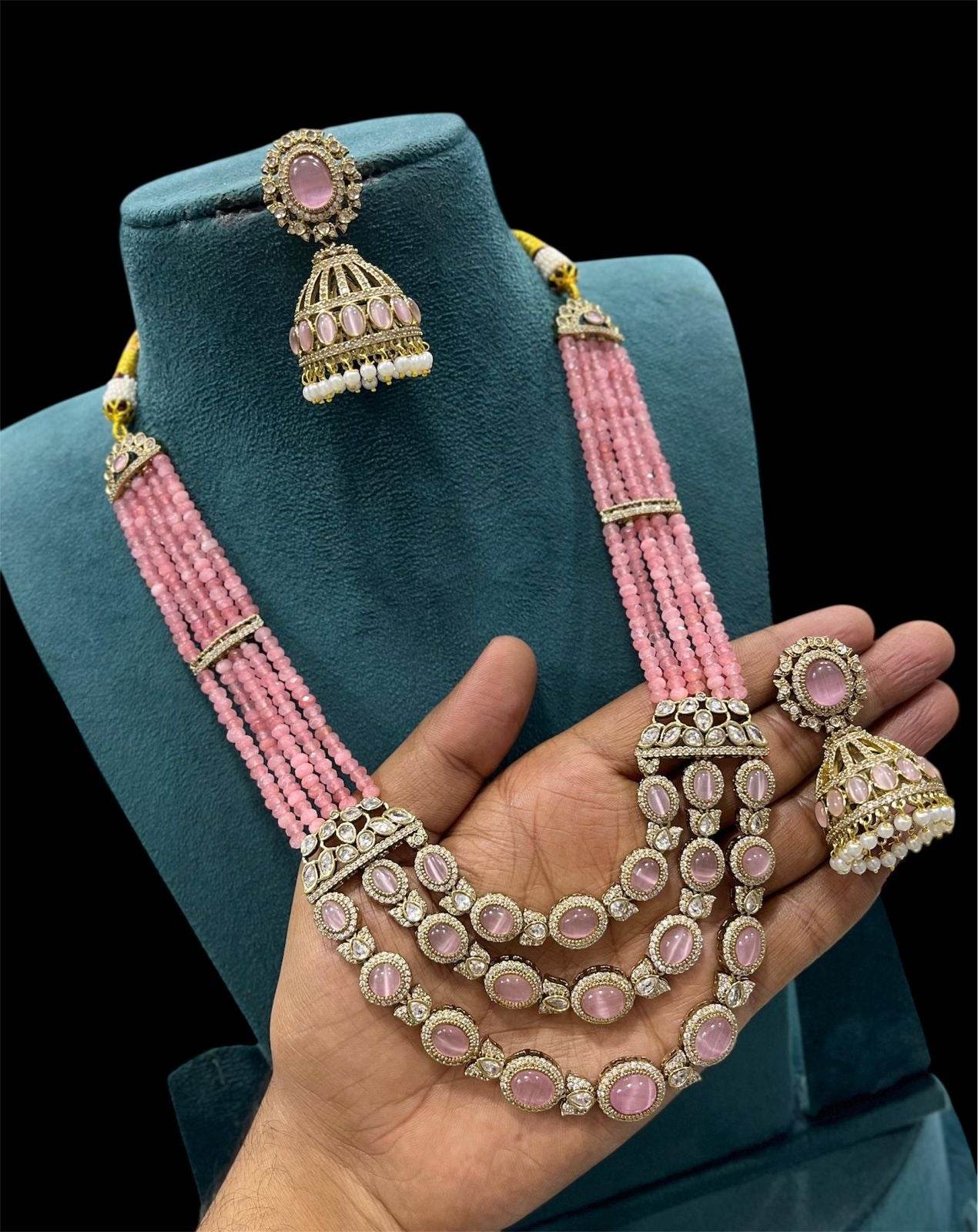Victorian Polish AD Stones Pendent with Beads Haram - Nakshatra Jewels