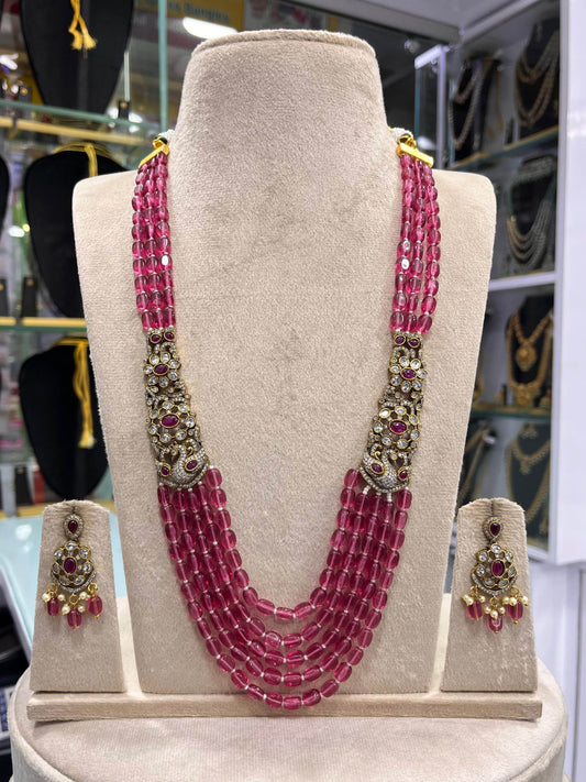 Victorian Polish AD Stones Side Pendent with Beads Haram - Nakshatra Jewels