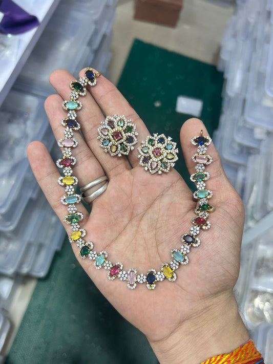 Victorian Polish Multi Colour AD Stones Necklace