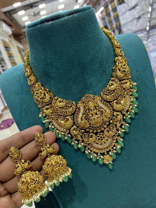 Nakshi Work with Kempu and AD Stones Bridal Necklace