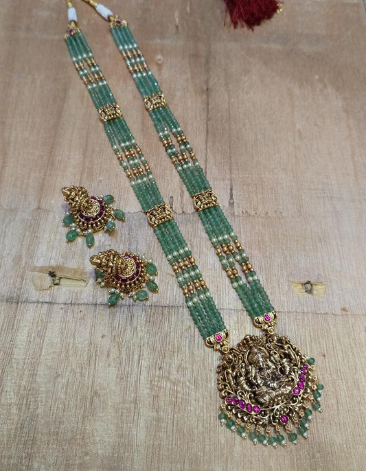 Nakshi Work Pendent with Beads and Kempu Stones Haram