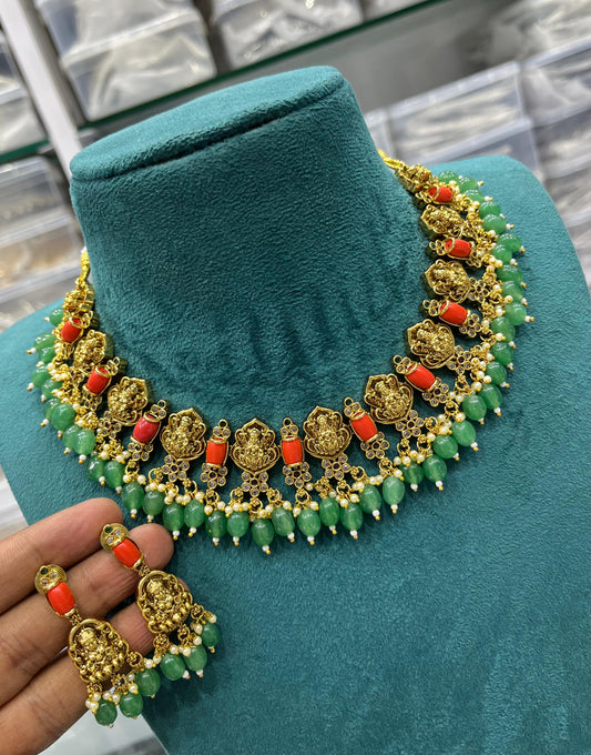 Nagasi Work with AD Stones & Coral Beads Necklace