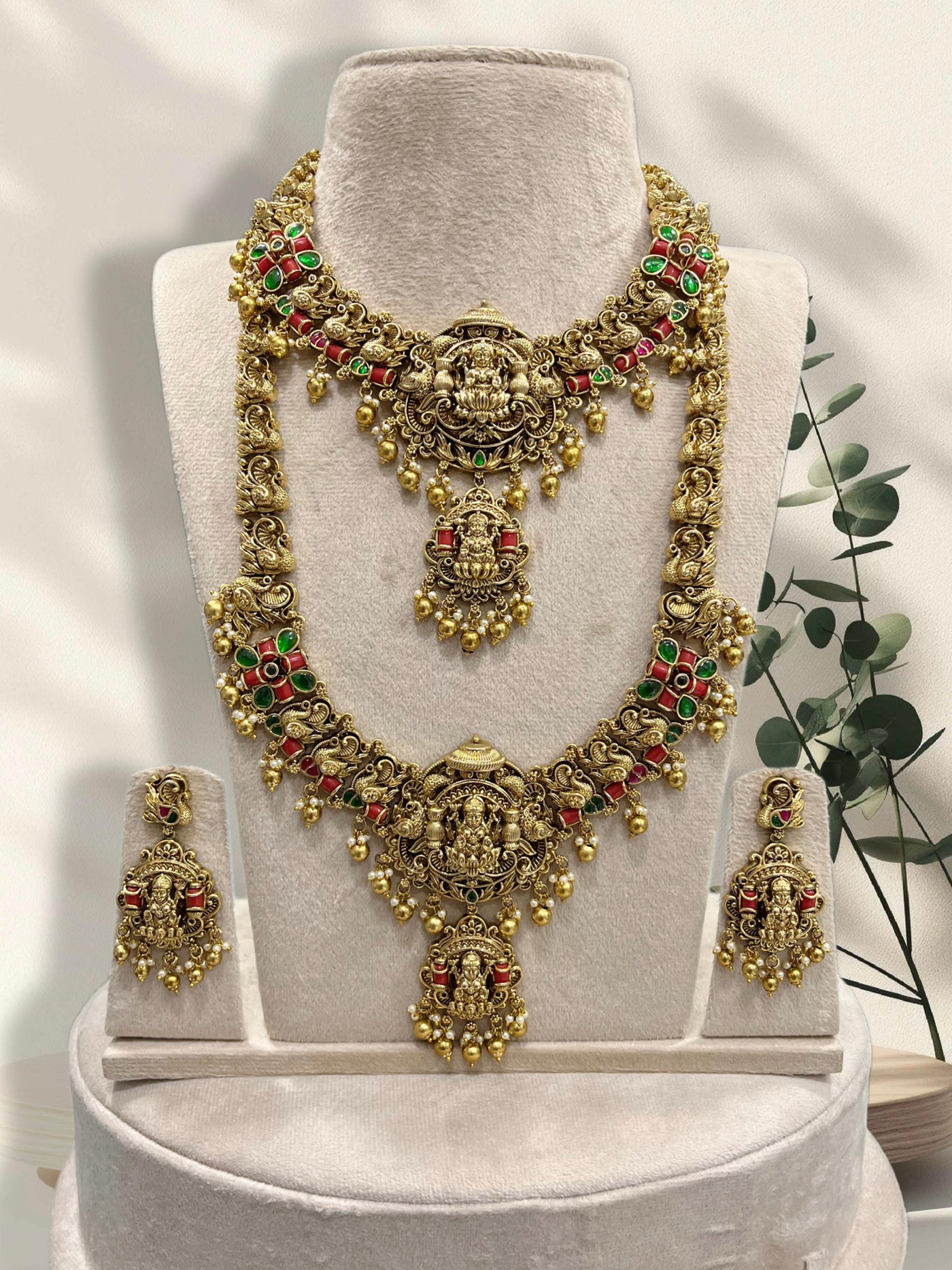 Nakshi Work with Kempu Stones and Coral Beads Bridal Combo Set