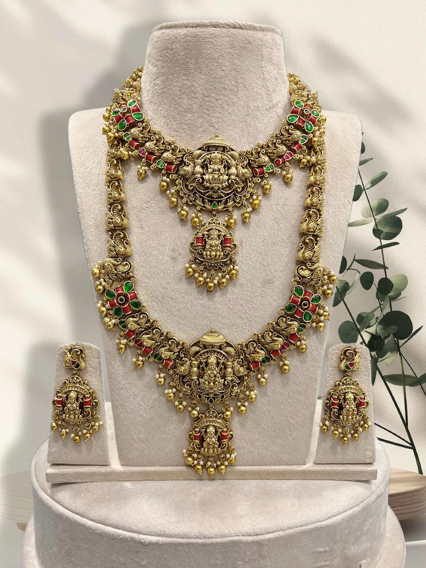 Nakshi Work with Kempu Stones and Coral Beads Bridal Combo Set