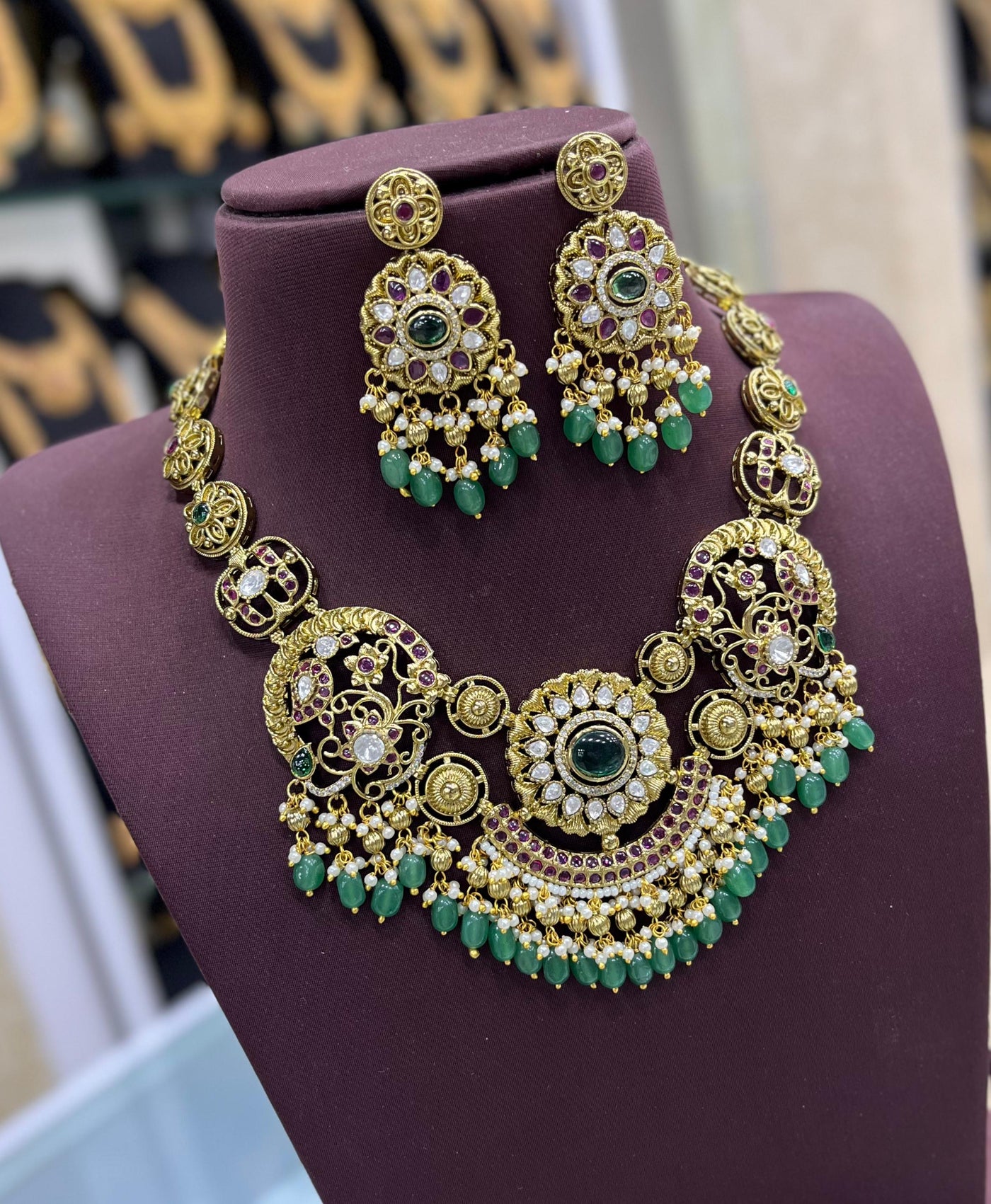 Nakshi Work with AD and Mossianite Stones Bridal Necklace