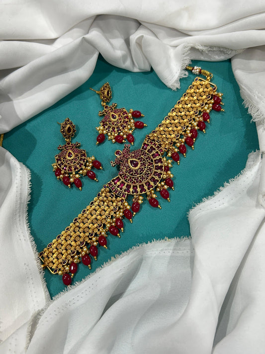Nakshi Work with Kempu Stones Bridal Choker
