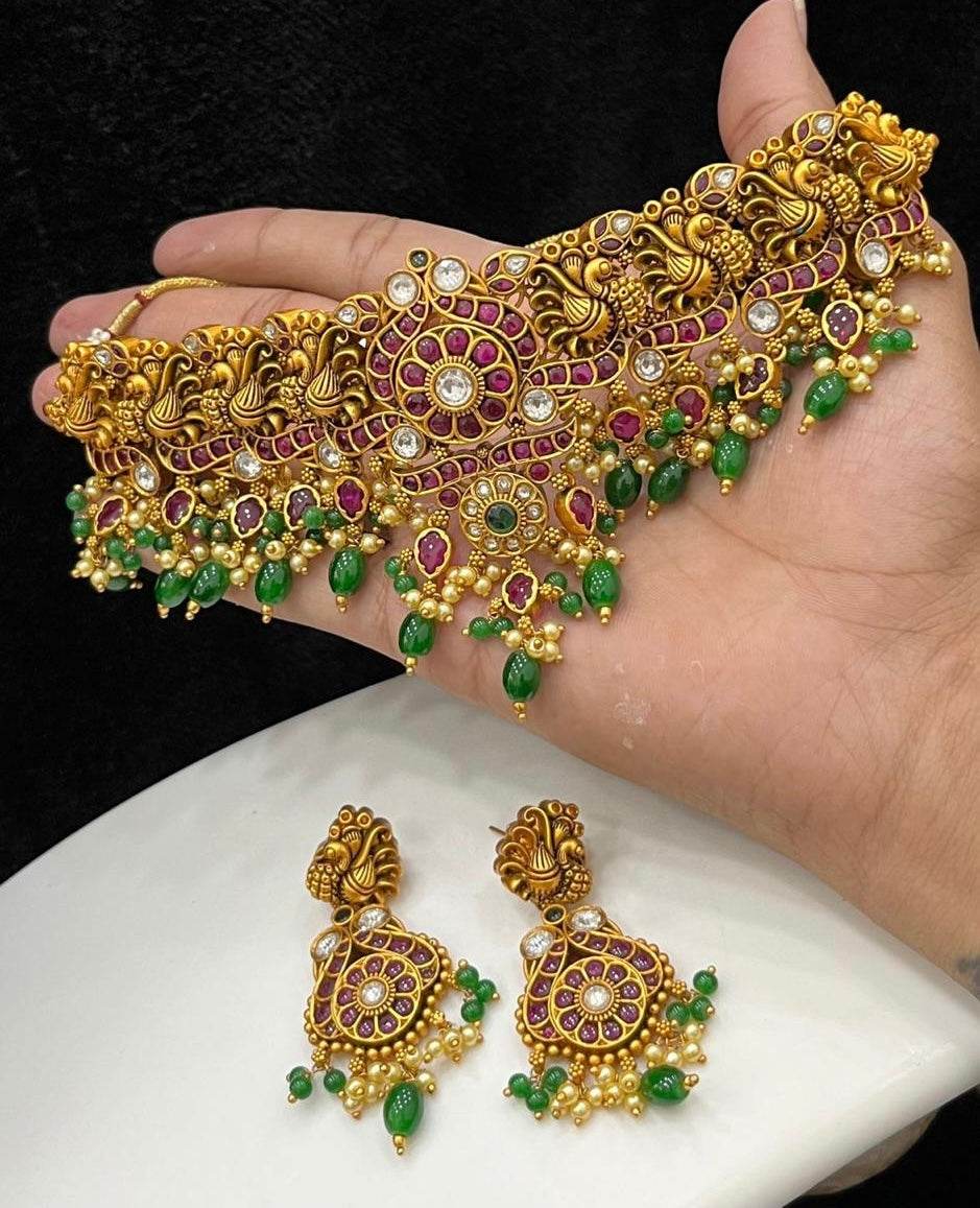 Nagasi work with Kempu Stones Bridal Choker