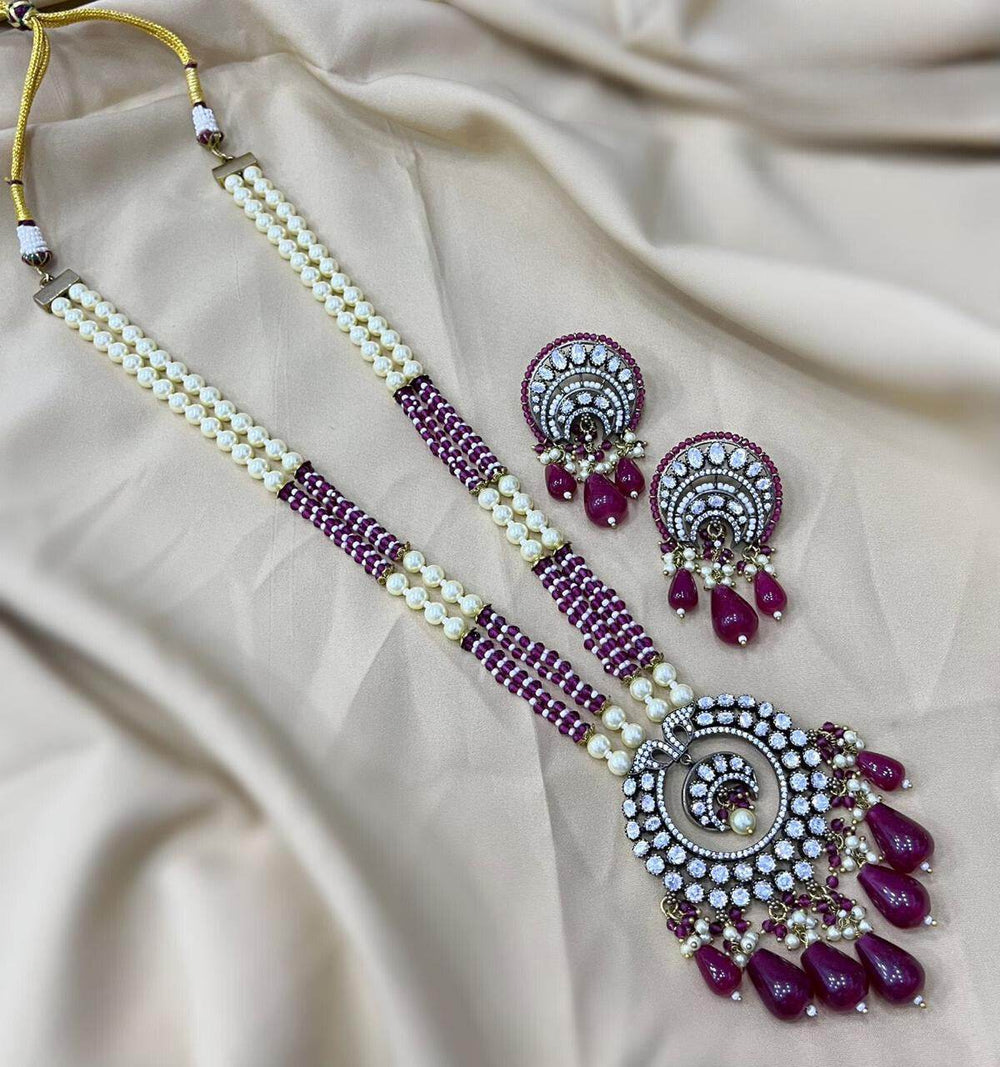 Victorian Polish AD Stones Pendent with Beads Haram - Nakshatra Jewels