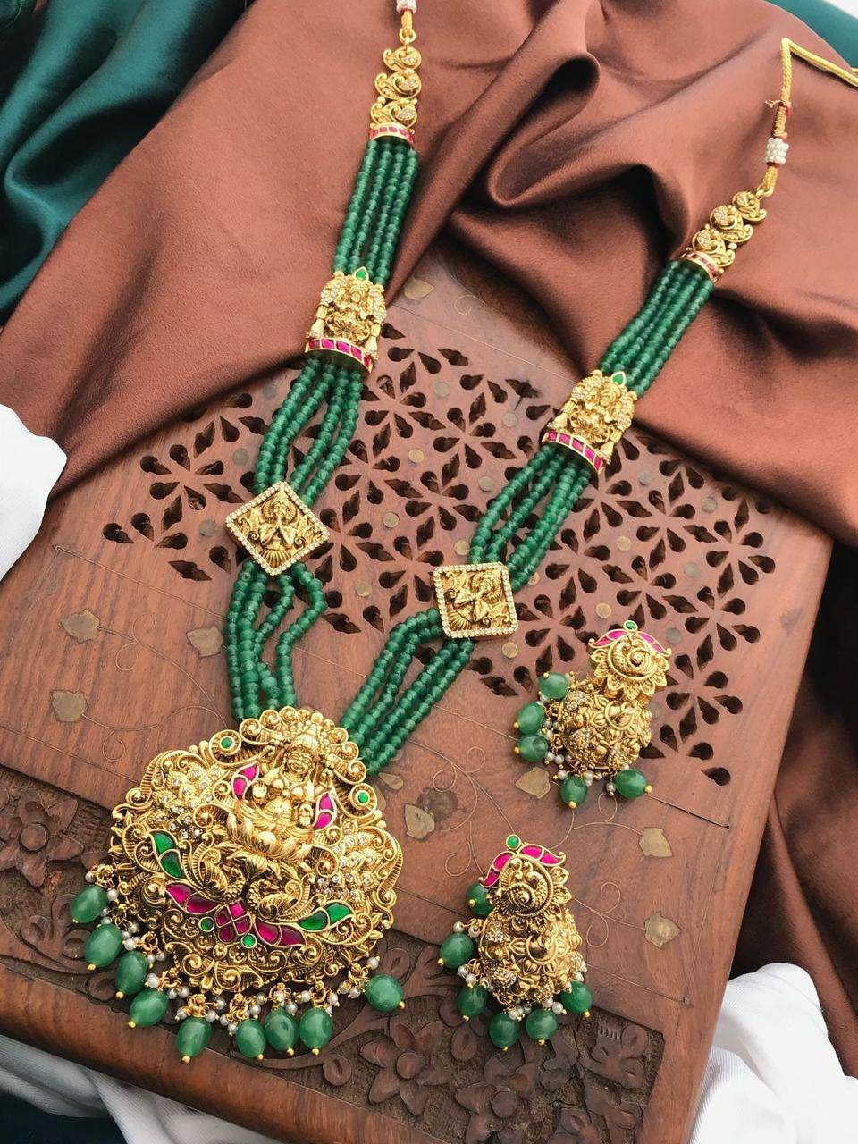 Nakshi work with Jaadu Kundan Stones Pendent with Beads Haram - Nakshatra Jewels