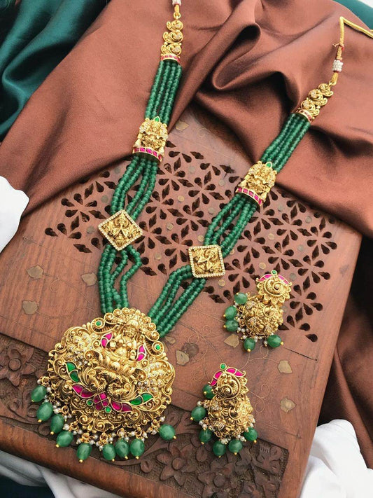 Nakshi work with Jaadu Kundan Stones Pendent with Beads Haram - Nakshatra Jewels