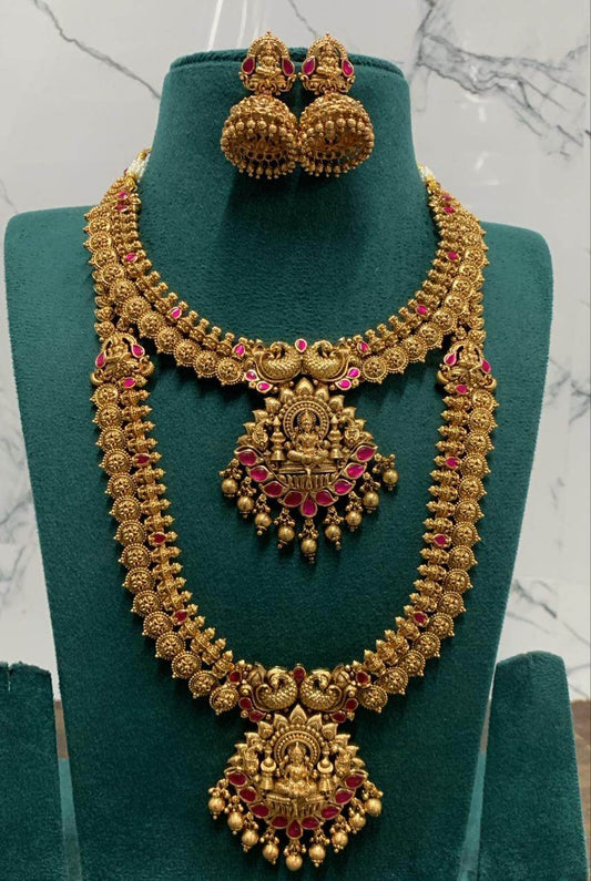 Nagasi Work with Kempu Stones Bridal Combo Set - Nakshatra Jewels