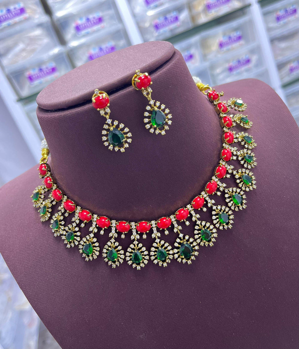 Victorian Polish with AD & Coral Beads Necklace - Nakshatra Jewels