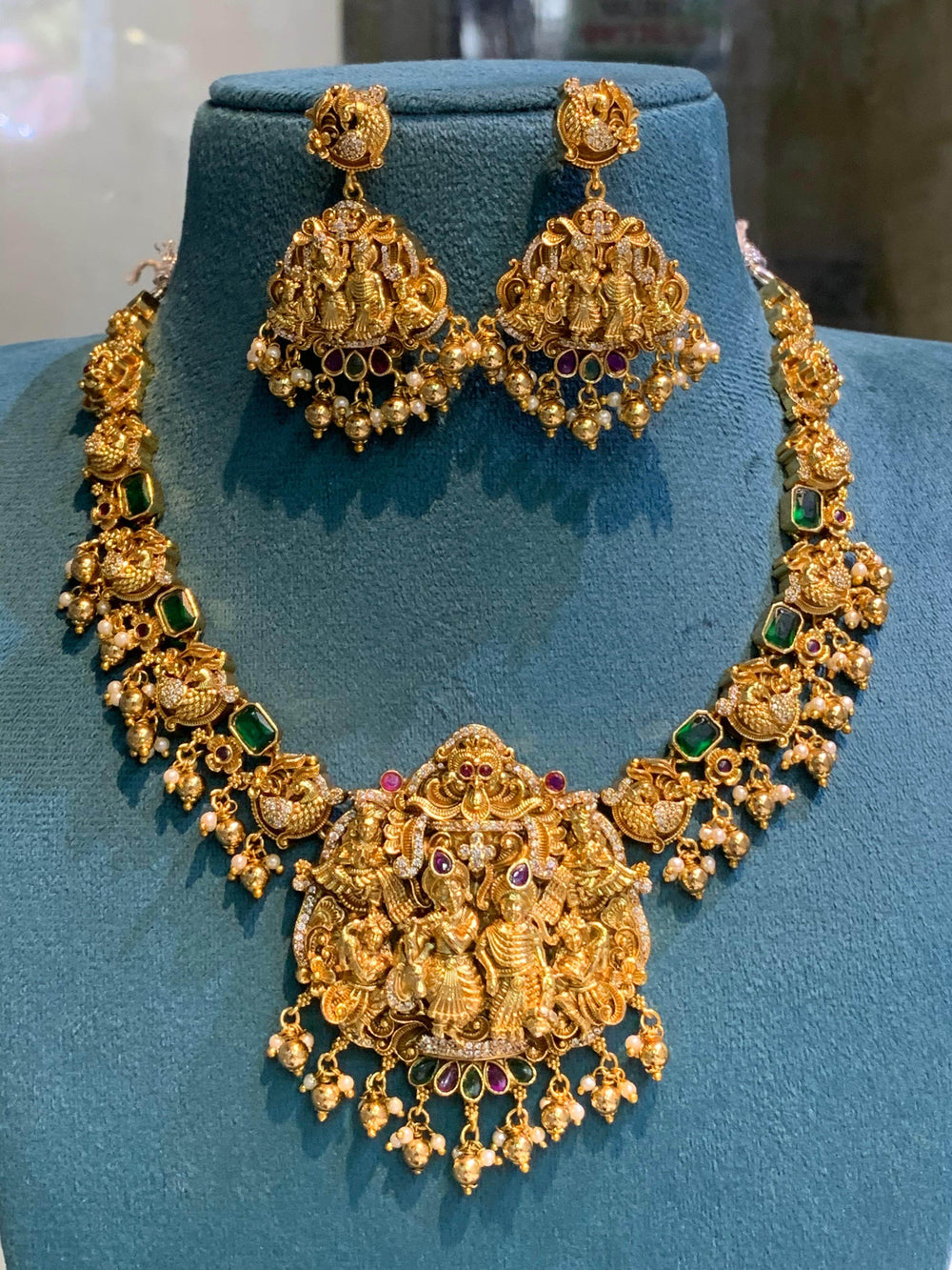 Nagasi Work with Kempu & AD Stones Bridal Necklace - Nakshatra Jewels