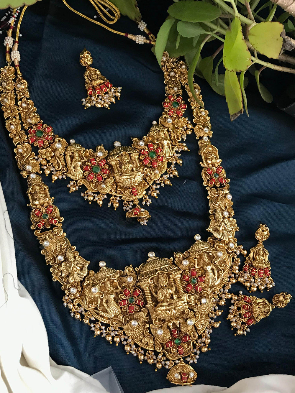 Nakshi Work with AD & Coral Studded Combo Set - Nakshatra Jewels