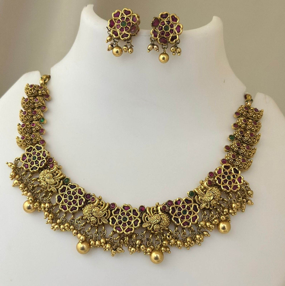 Nagasi Work with Kempu Stones Simple Necklace - Nakshatra Jewels
