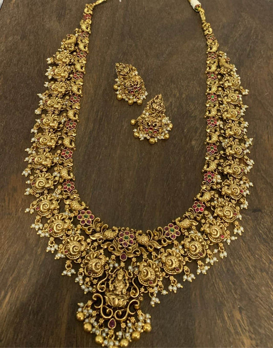 Nakshi Work with Kempu Stones Bridal Haram - Nakshatra Jewels